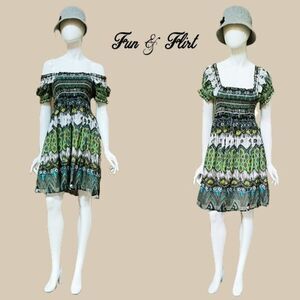 FUN & FLIRT NWOT Bohemian Off-Shoulder Dopamine Batik-Peacock Smock Sundress S